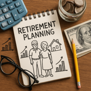 Notebook, calculator, money, and glasses on a wooden table symbolizing retirement planning activities.
