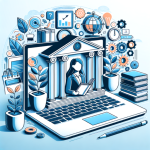 Illustration of online education with a laptop, books, and digital icons symbolizing e-learning and knowledge.