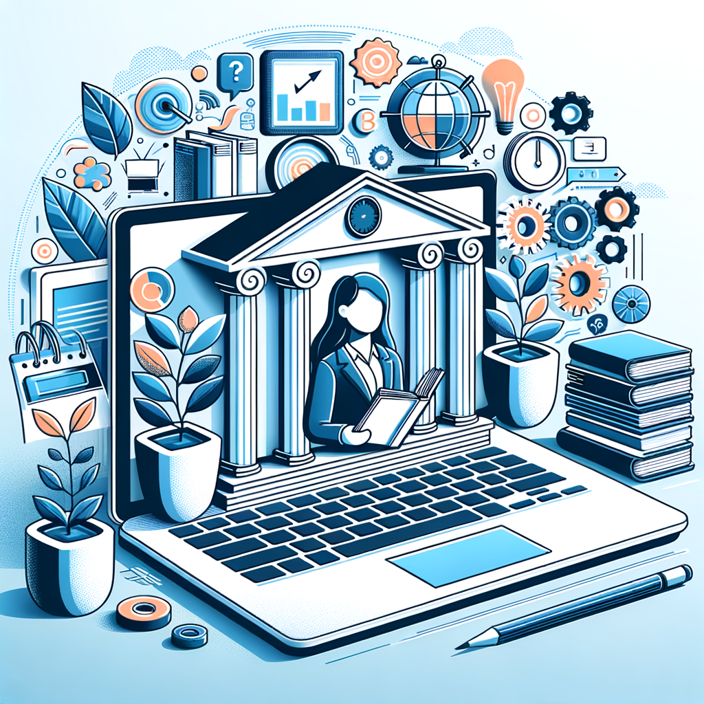 Illustration of online education with a laptop, books, and digital icons symbolizing e-learning and knowledge.