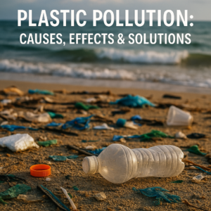 Plastic waste scattered on a beach illustrating environmental pollution and its impact on nature.