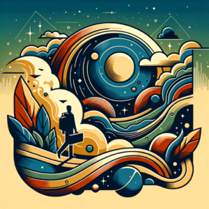 Pessoa explorando ondas cósmicas vibrantes e planetas em uma paisagem surreal no espaço.