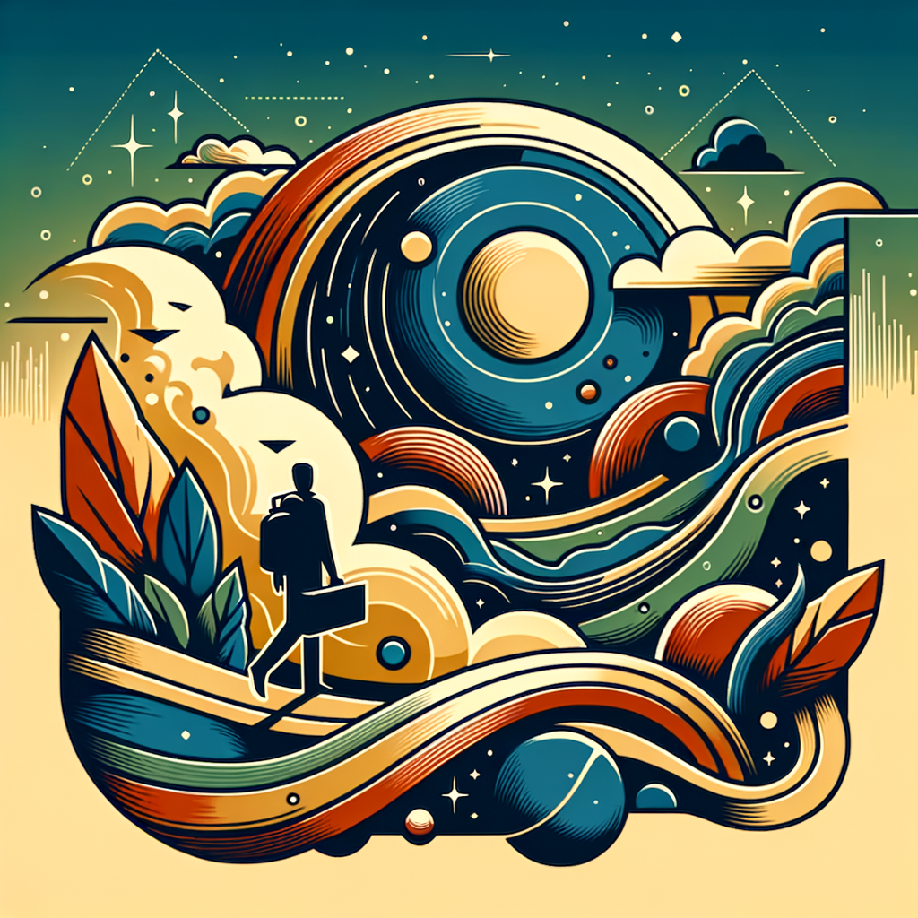 Pessoa explorando ondas cósmicas vibrantes e planetas em uma paisagem surreal no espaço.