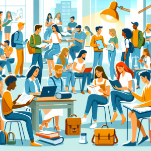 Diverse group of students studying and collaborating in a bright, modern library at USP.