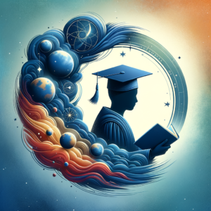 Surreal illustration of a graduate reading a book surrounded by cosmic elements and planets, symbolizing learning and explora