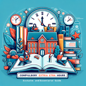 Illustration of students studying with clocks and books, symbolizing mandatory complementary study hours at Faculdade Cruzeir