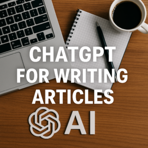 Workspace with laptop, notebook, pen, coffee, and text about using ChatGPT for writing articles with AI.
