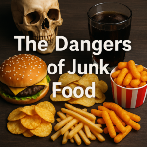 Unhealthy junk food like burgers and chips with a skull symbolizing health risks and dangers.
