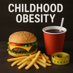 Unhealthy fast food meal with burger, fries, soda, and measuring tape illustrating childhood obesity.
