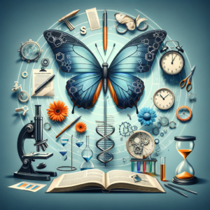 Illustration of scientific tools, DNA helix, clocks, and a blue butterfly symbolizing how scientific initiation boosts horas