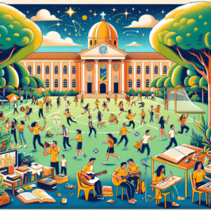 Ilustração colorida de estudantes participando de atividades extracurriculares ao ar livre no campus da Cruzeiro do Sul.