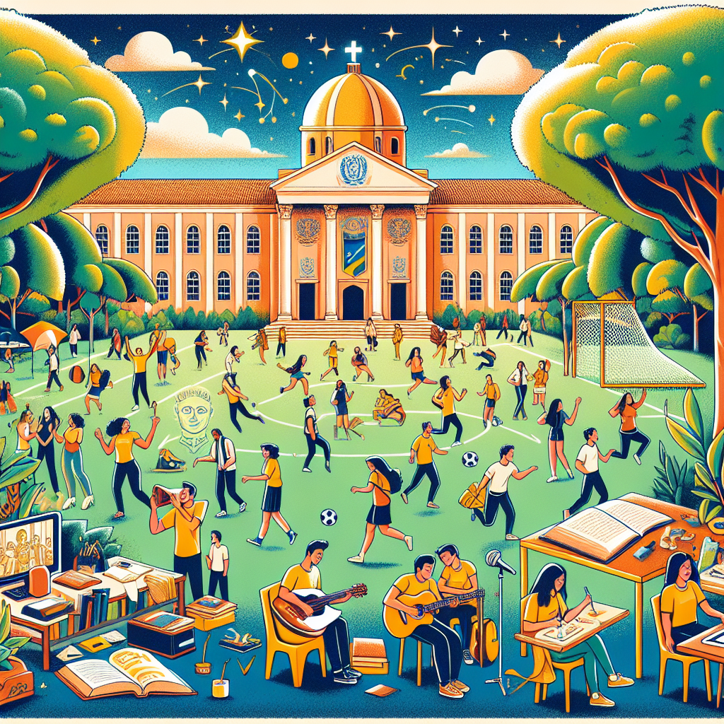 Ilustração colorida de estudantes participando de atividades extracurriculares ao ar livre no campus da Cruzeiro do Sul.