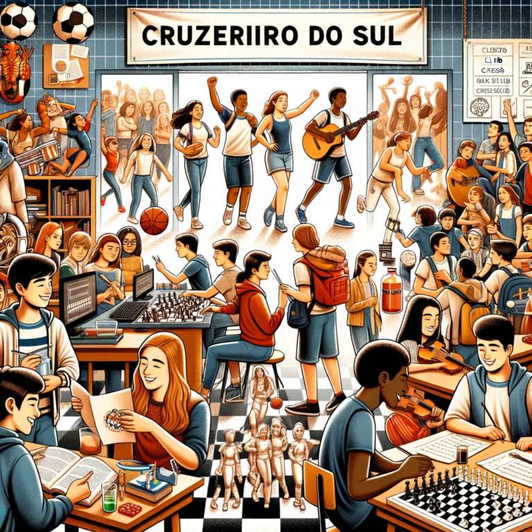 Ilustração de estudantes diversos participando de atividades extracurriculares na Cruzeiro do Sul, como esportes e projetos c