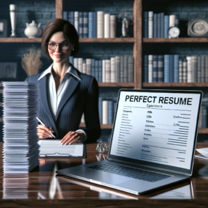 Professional woman reviewing a well-structured resume on a laptop in a modern office, focused on building a perfect administr