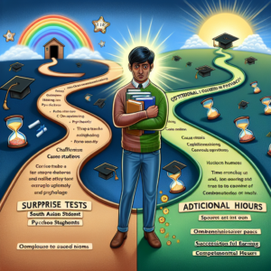Illustration of a student choosing paths labeled coursework, surprise tests, and extra hours under a sun and rainbow, symboli