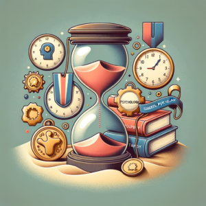 Illustration of an hourglass surrounded by clocks, medals, books, and psychology icons representing time management and menta