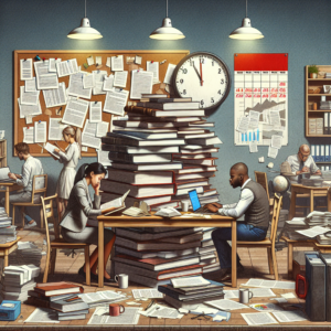 Busy office with workers studying surrounded by books, papers, and clocks, symbolizing preparation for public administration