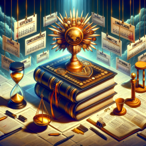 Golden chalice on ancient books with floating legal terms and vintage scales of justice symbolizing public administration exa