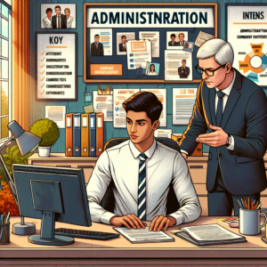 Two professionals collaborating in an office, discussing administrative tasks and management strategies.