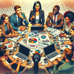Diverse business team collaborating around a table with laptops and charts during an Administração internship meeting.