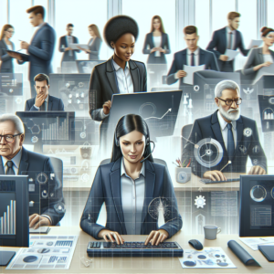 Diverse business professionals collaborating with digital technology and data analytics in a modern office setting.