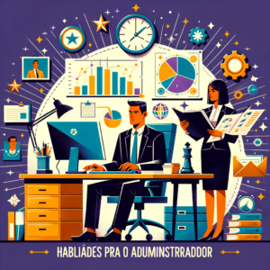 Ilustração de profissionais de negócios analisando dados e gerenciando tarefas em ambiente de escritório moderno.