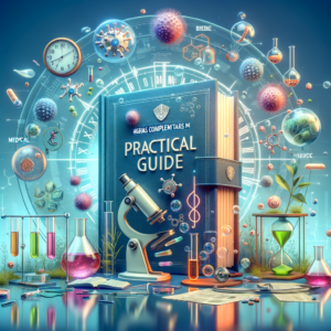 Illustration of a practical science guidebook with laboratory equipment and molecular models for Biomedicine complementary ho