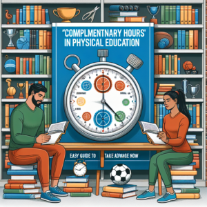 Illustration of students studying physical education with a stopwatch and sports equipment in a library.