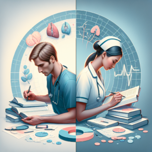 Illustration of male and female nurses studying with healthcare and anatomical symbols around them.