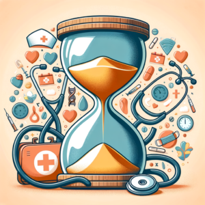 Illustration of an hourglass surrounded by medical symbols, representing time management in complementary nursing hours.