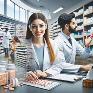 Pharmacists in a modern pharmacy preparing and organizing medications, illustrating complementary hours in pharmacy studies.