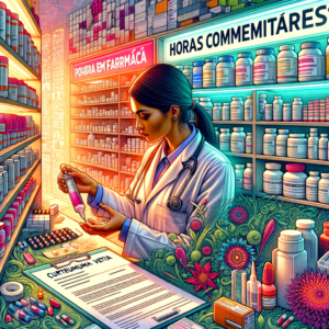 Pharmacist examining medication in a bright, organized pharmacy with colorful shelves and various medical supplies.