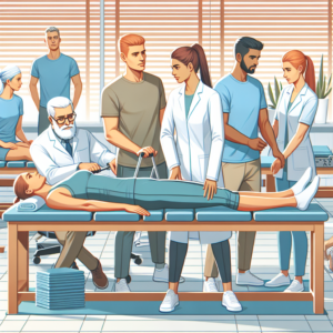 Physical therapists assisting patients in a clinic, illustrating complementary hours in physiotherapy training.