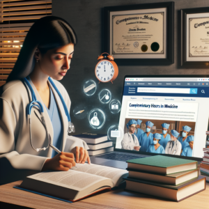 Medical student studying with digital tools and certificates, completing complementary hours in medicine to enhance skills an