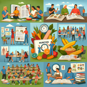 Illustration collage showing nutrition education, healthy eating, and classroom learning about food and diet.