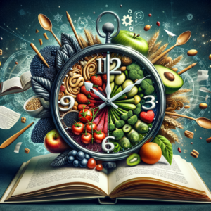Creative clock made of fresh fruits and vegetables emerging from an open book, symbolizing nutrition and complementary hours.