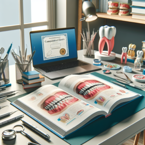 Desk with dental study materials, tools, and a laptop showing a dental certification for complementary hours in dentistry.