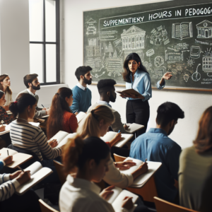 Students attentively learning about Horas Complementares em Pedagogia in a classroom with a teacher explaining.