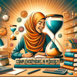 Woman in hijab studying pedagogy and time management with hourglasses and educational tools around her.