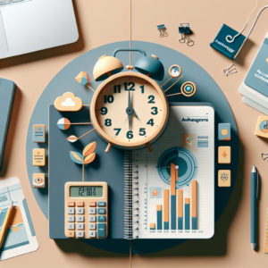 Flat lay of office desk with alarm clock, calculator, notebook, and business charts representing time management and producti