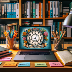 Colorful vintage clock displayed on a laptop screen in a tidy office with books and stationery.