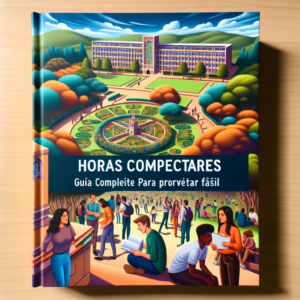 Colorful illustrated book cover showing a university campus and diverse students for "Horas Complementares na Estácio" guide