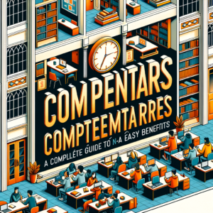 Illustration of a library with a large clock and the title about Horas Complementares na Estácio, showing a study environment