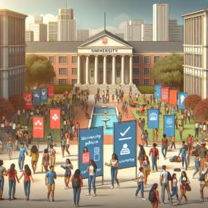 Students walking and socializing on a busy university campus in front of a large academic building at Mackenzie.