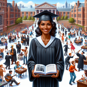 Confident female graduate in cap and gown holding a book, standing on a lively university campus.