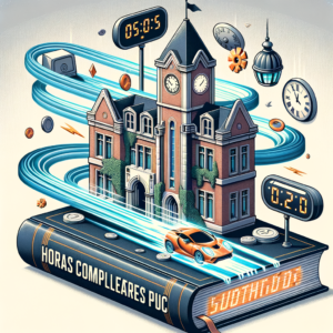 Illustration of a clock tower building with digital timers and a car on a futuristic road emerging from an open book.