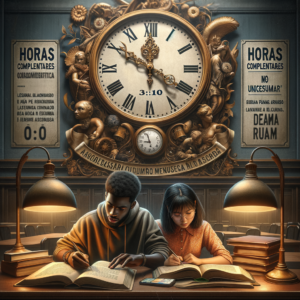 Two students studying under warm lamps with a vintage clock in the background, symbolizing time management for complementary