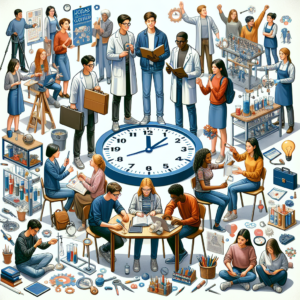Diverse scientists and students collaborating on experiments around a large clock, symbolizing Unicesumar complementary hours