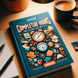 Colorful guidebook titled "Complete Play Hours" with clocks and playful illustrations beside a coffee cup on a desk.