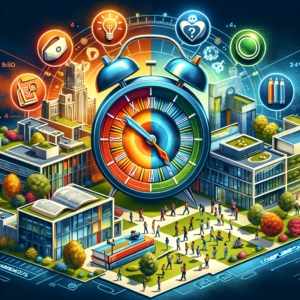 Colorful illustration of a school campus with a large alarm clock symbolizing time management and education.
