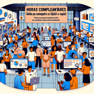 Illustration of diverse employees collaborating in a busy office under a banner about completing Horas Complementares na UNIP